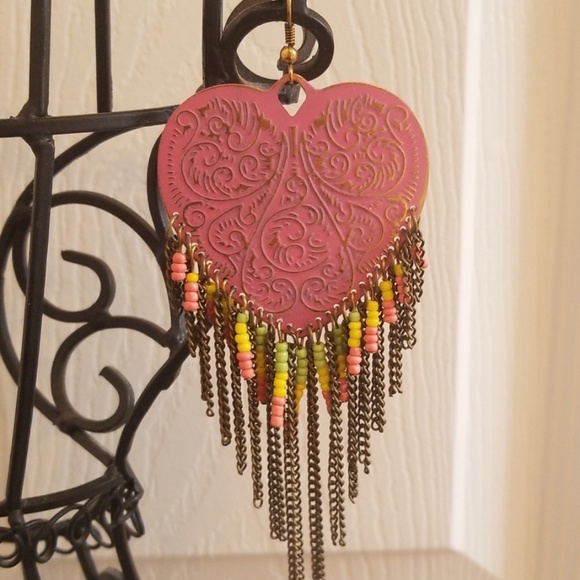 Earrings - Rustic pink hearts, dangle - Picture 3 of 5